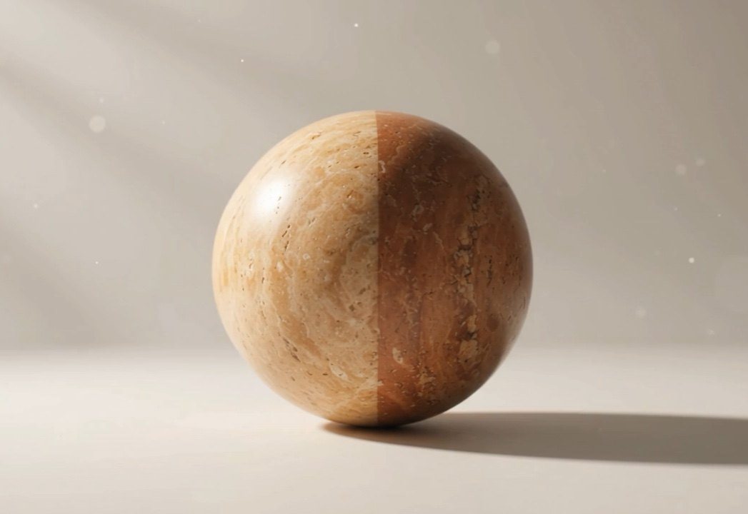 A marble sphere, one half lit warm and the other in shadow
